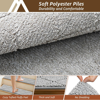 COSY HOMEER Edging Stair Treads Non-Slip Carpet Mat 28inX9in Indoor Stair Runners for Wooden Steps, Edging Stair Rugs for Kids and Dogs, 100% Polyester TPE Backing(4pc, Beige)