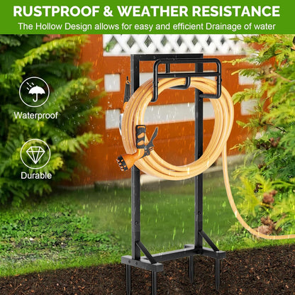 Garden Hose Holder with Stable Base and Tool Hooks, GAVISCITY Heavy-Duty Metal Hose Hanger Garden Hose Storage Holds 151Ft Hose, Rustproof Freestanding Water Hose Holder for Outside, Yard, Lawn, Black