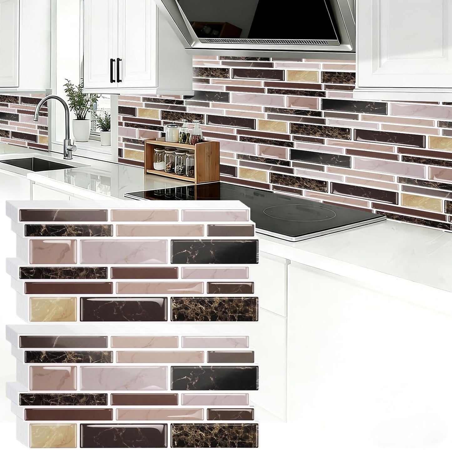 24 Sheet Peel and Stick Tile Backsplash Sticks for Kitchen 10"x 5" Back Splashes Self Adhesive Waterproof Tile Wall Paper for Bathroom Kitchen Backsplash, RV, Fireplace, Black/White Marble Look