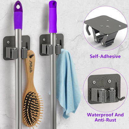 Stainless Steel Broom Holder, Heavy Duty, Rust Resistant, 4 Gripper Positions with 4 Hooks, Black