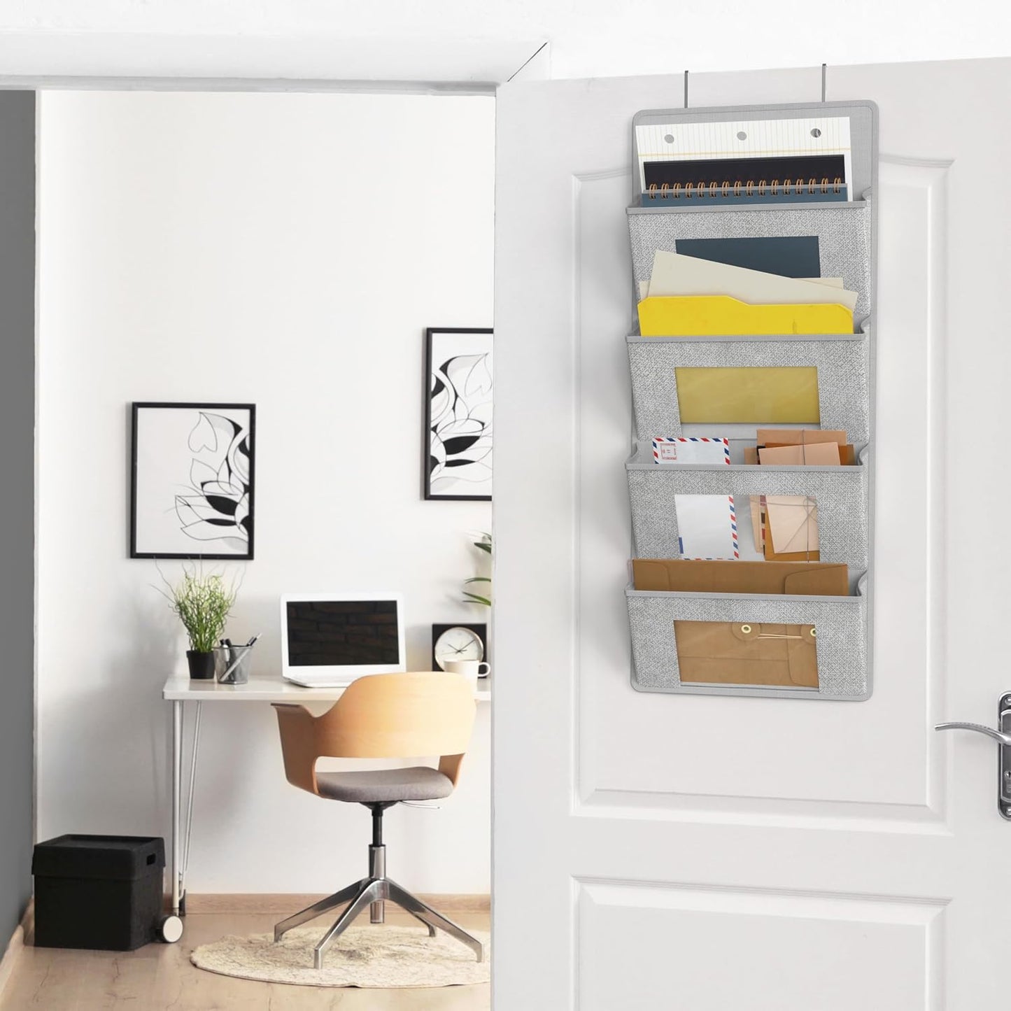 Simple Houseware Over the Door Hanging Wall File Organizer, 4 Pocket File Holder with 13" Width for Office Supplies Storage, Grey