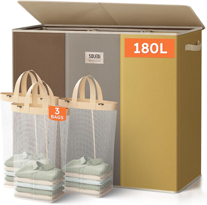 SOLEDI 180L Laundry Hamper 3 Section, Extra Large Laundry Hamper with Lid, Dirty Clothes Hamper with Sturdy Handle, Large Laundry Basket Organizer for Laundry Room, Bedroom, Hampers for Laundry