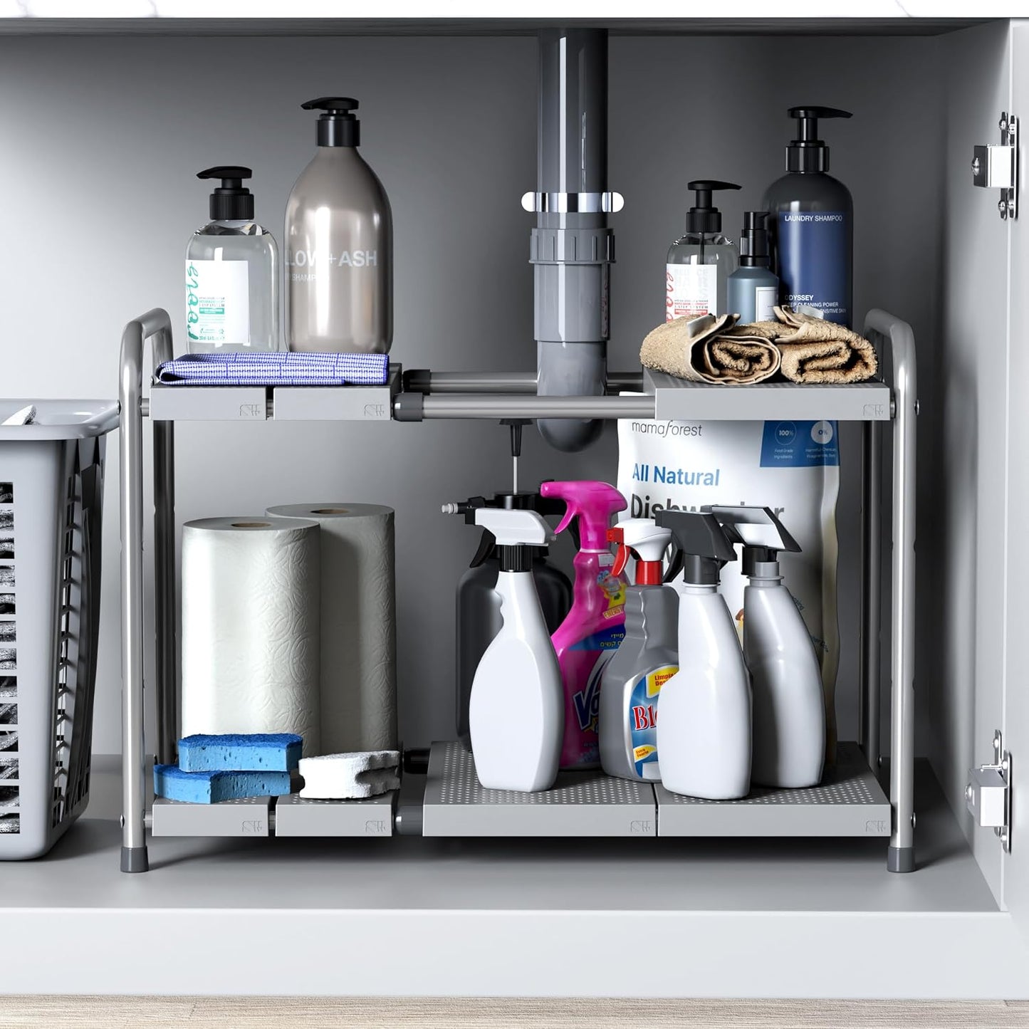 Simple Houseware Under Sink 2-Tier Heavy Duty Expandable Rack Organizer, Adjustable Width 15.75–25 Inches with 4 Shelf Height Levels, Silver