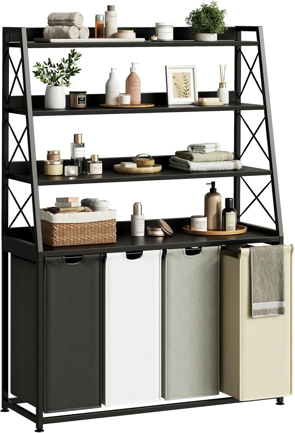 Herture Laundry Basket, 3 Section Laundry Hamper with 4 Tiers Shelf, Pull-Out and Removable Laundry Bags, Large 3 x 15.87 Gallons, for Laundry Room Bathroom Rustic Brown PF05XLN