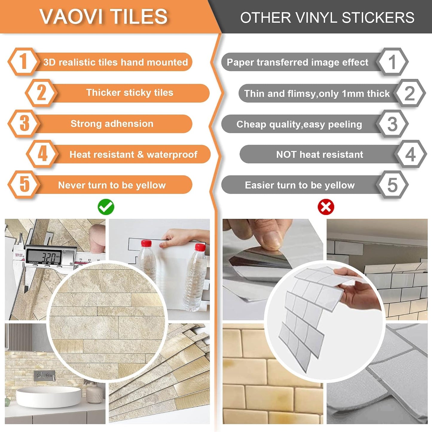 VAOVI Backsplash Tile Peel and Stick Kitchen Stone Subway Linear Mosaic Bathroom Shower Wall Waterproof(10pcs,Gray)
