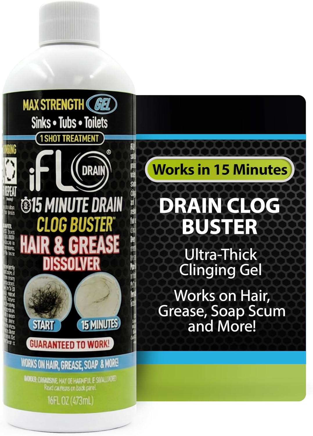 iFLO 15-Minute Drain Cleaner Gel – Fast-Acting Clog Remover for Kitchen, Bathroom, Sink & Shower, Ultra-Thick Formula for Quick Drain Unclogging – Strong Maintenance Cleaner - 16oz