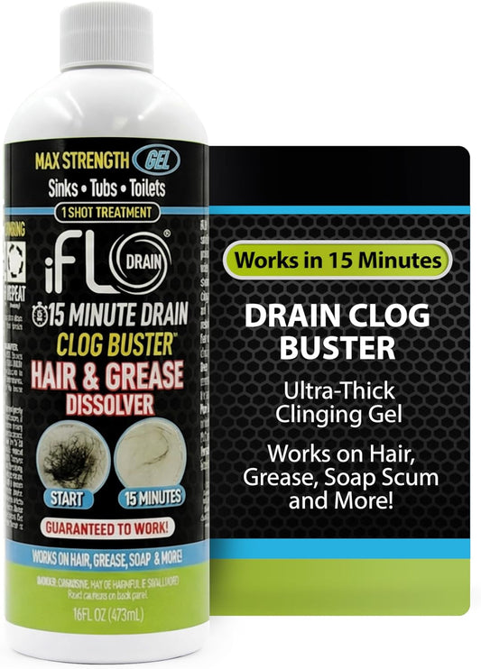 iFLO 15-Minute Drain Cleaner Gel – Fast-Acting Clog Remover for Kitchen, Bathroom, Sink & Shower, Ultra-Thick Formula for Quick Drain Unclogging – Strong Maintenance Cleaner - 16oz