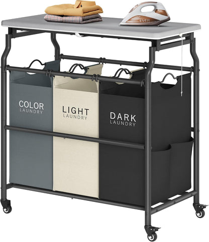 Hoctieon 3 Section Laundry Sorter Cart with Ironing Board, Laundry Hamper with Shelf and Rolling Wheels, Heavy Duty Laundry Basket Organizer, Large Clothes Separator Hamper with Removable Bags, Black