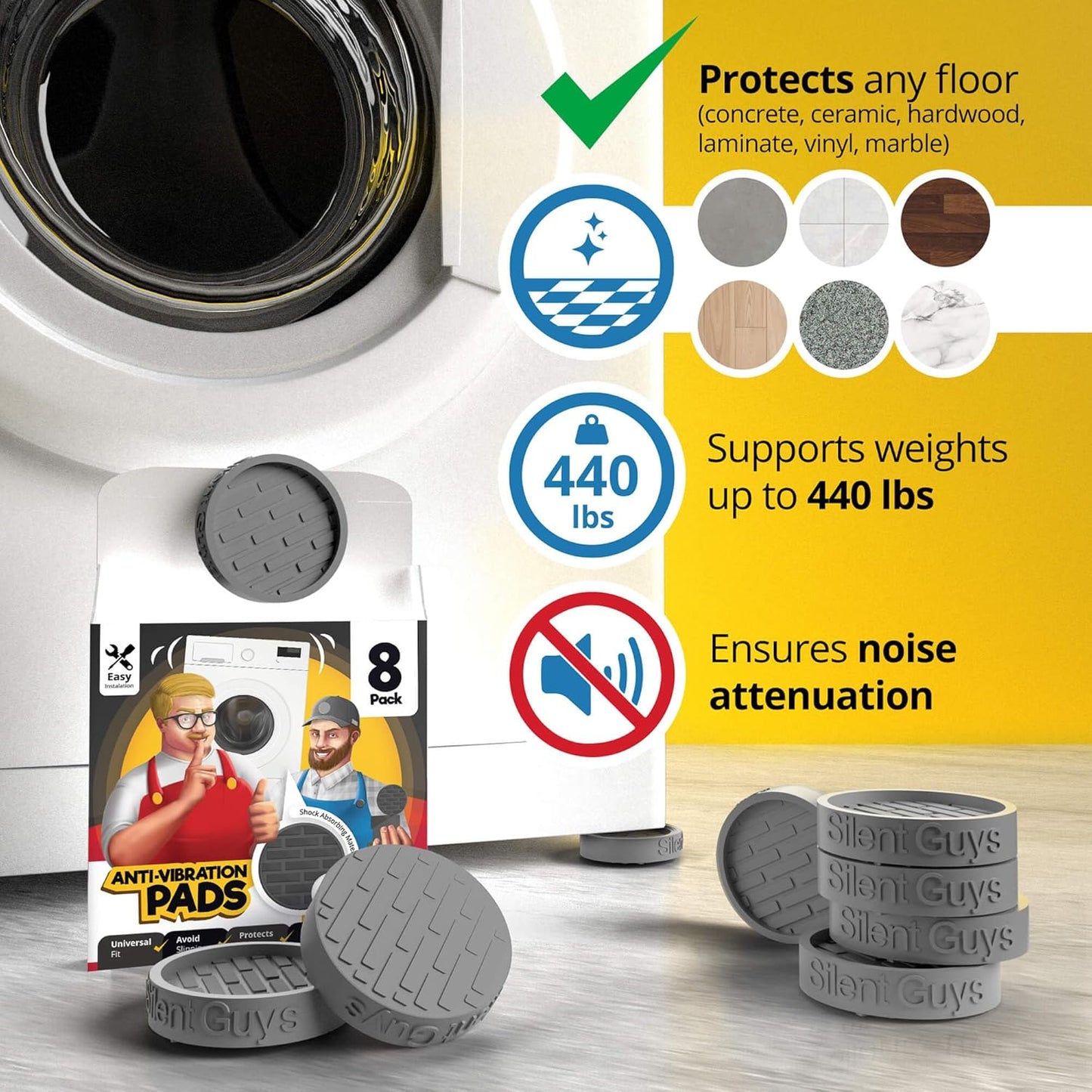 Silent Guys 8 Pack Anti Vibration Pads for Washing Machine - Grey Machine Anti Vibration Pads Vibration Isolation Pads Washing Machine Shock Absorber Washing Machine Leveling Feet
