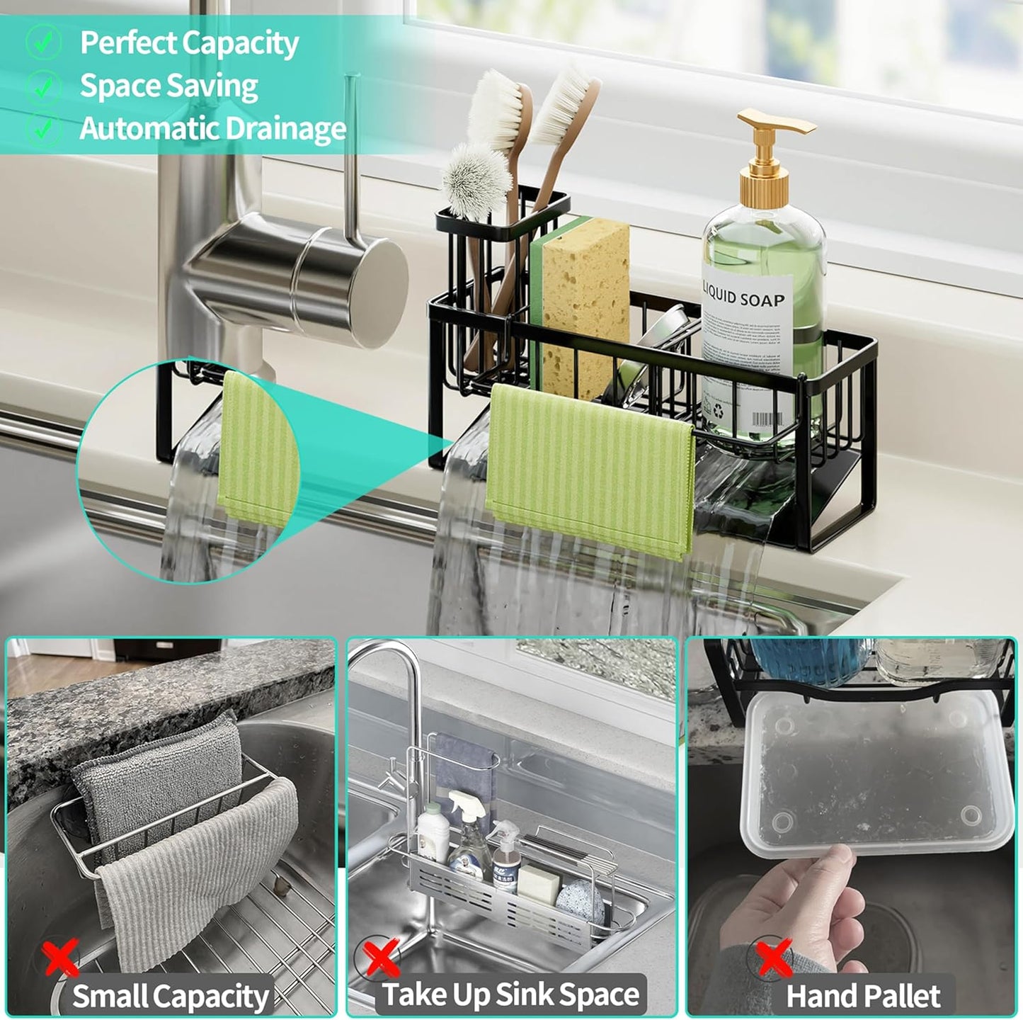 HapiRm Sponge Holder for Kitchen Sink - Self-draining Sink Caddy with Brush and Dishcloth Holders, Stainless Steel Kitchen Countertop Organizers and Storage Essentials - Black