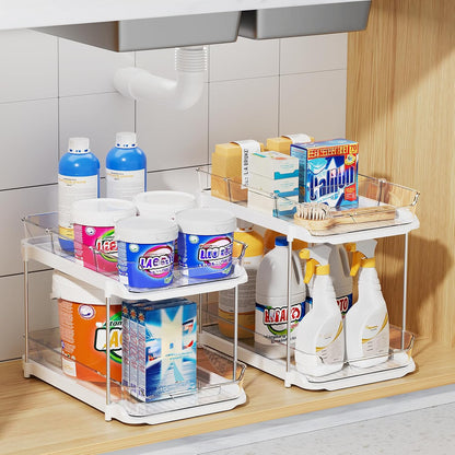 Delamu 2 Sets of 3-Tier Bathroom Under Sink Organizers and Storage, Multi-Purpose Stackable Pantry Organization and Storage, Pull Out Clear Kitchen Bathroom Cabinet Organizer with Movable Dividers | Storage