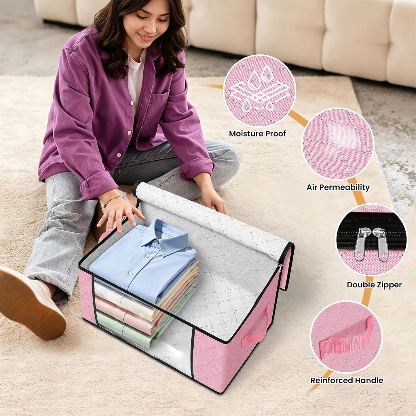 Fab totes 6 Pack Storage Bags for Clothes and Blanket, Foldable Closet Organizers and Storage with Zippers, Clear Window and Handles, Fabric Storage Bins for Sweater, Comforter, Bedding,Linen Sheets