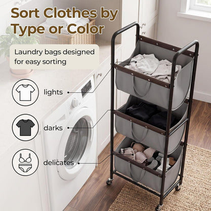 GRANNY SAYS 3 Section Tiered Laundry Sorter, Slim Vertical Laundry Hamper with Wheels, Narrow Rolling Laundry Cart with Removable Bags for Laundry Room, Bathroom, Closet, Dorm, Beige