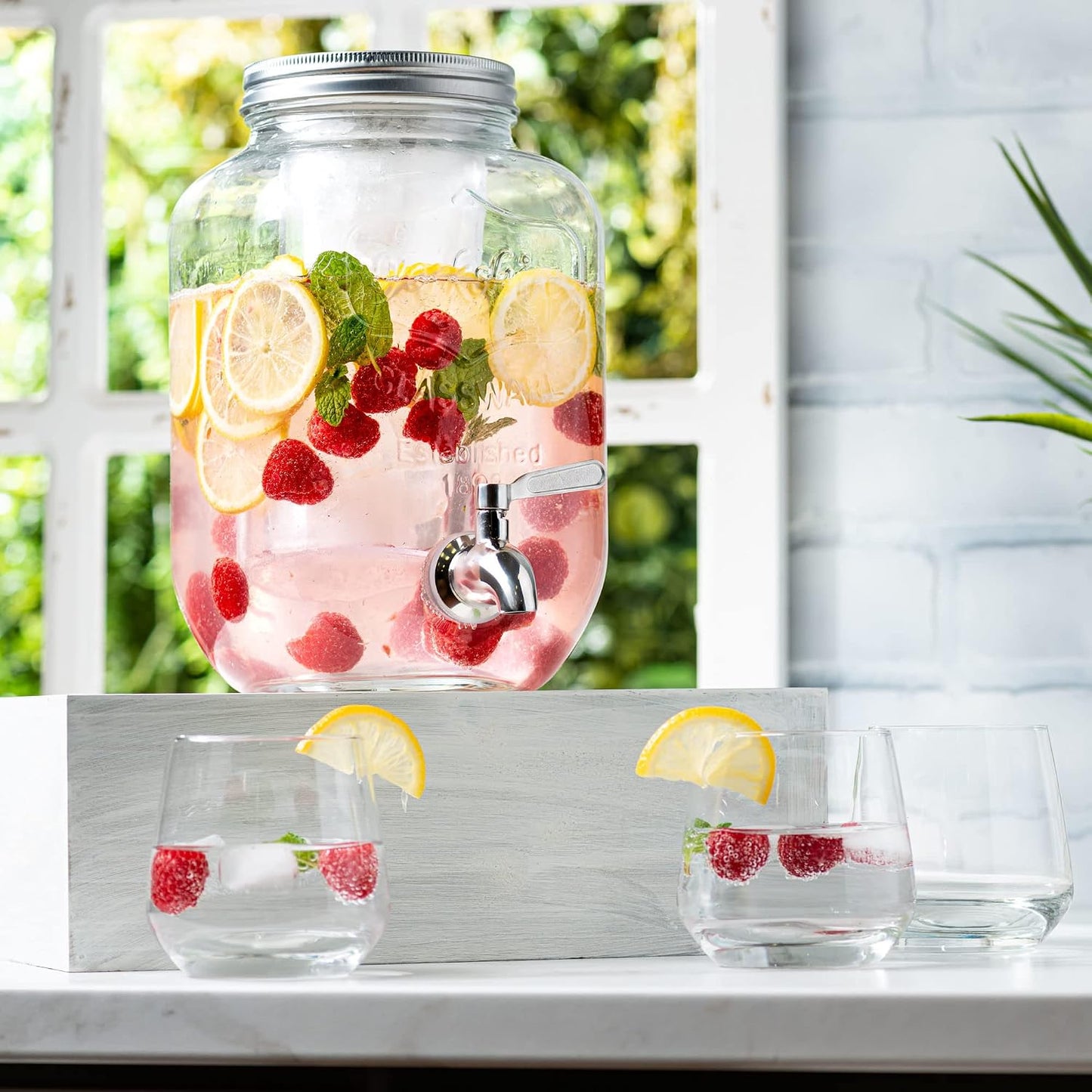 Le’raze 1 Gallon Glass Water Dispenser with Stainless Steel Spigot + Marker & Chalkboard, & Ice Cylinder - 100% Leakproof Beverage Mason Jar Drink Dispenser Gallon Jug - Laundry Detergent Holder.