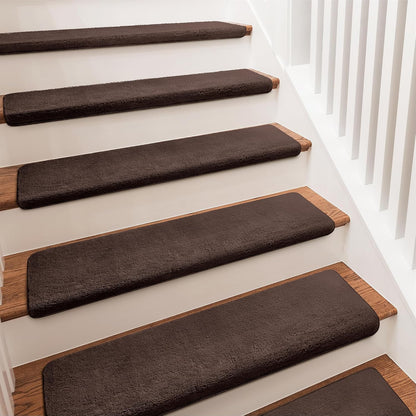 PURE ERA Carpet Stair Treads Ultra Plush 9.5" X 30"Soft Bullnose Indoor Stair Protectors Pet-Friendly Non-Slip Skid Resistant Tape Free Washable Reusable(2 Pieces,Brown)