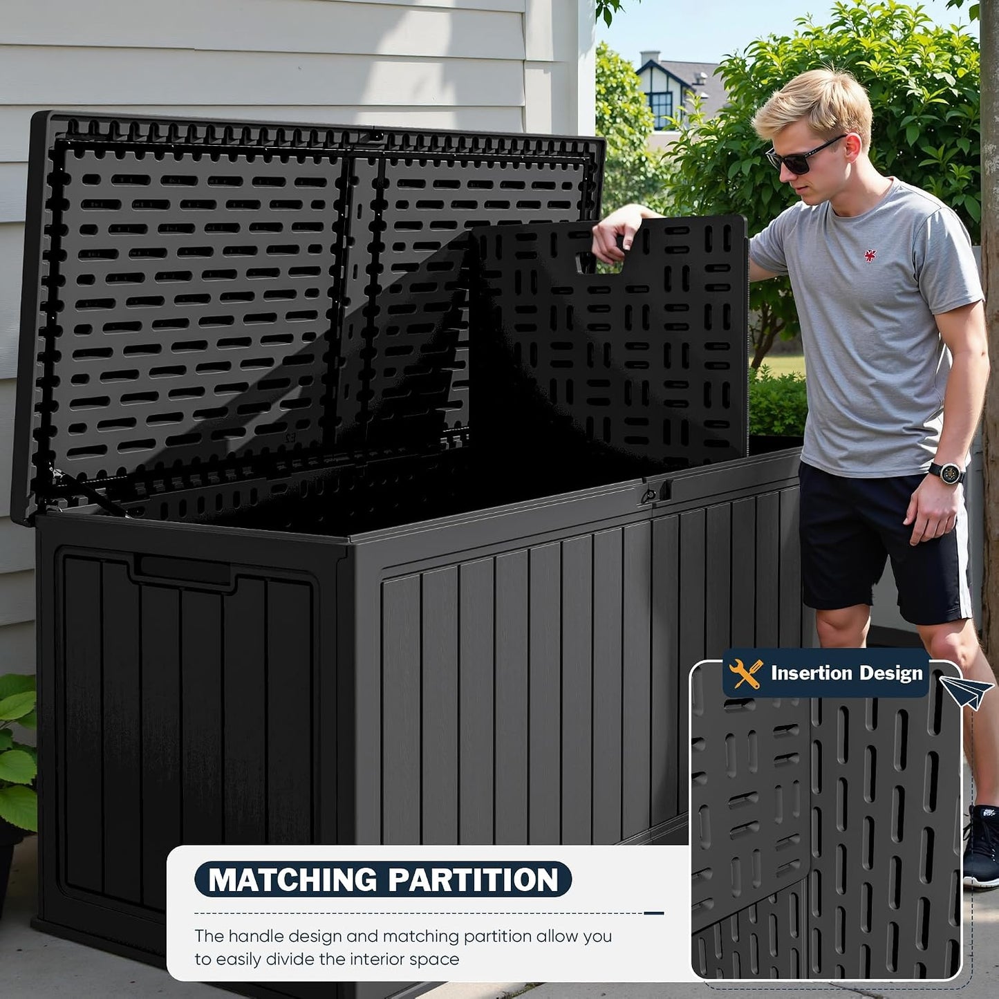Greesum Outdoor Storage Box 31 Gallon Storage Box with Lid for Patio Furniture, Garden Tools, Pool Supplies, Waterproof and UV Resistant, Lockable, Dark Black