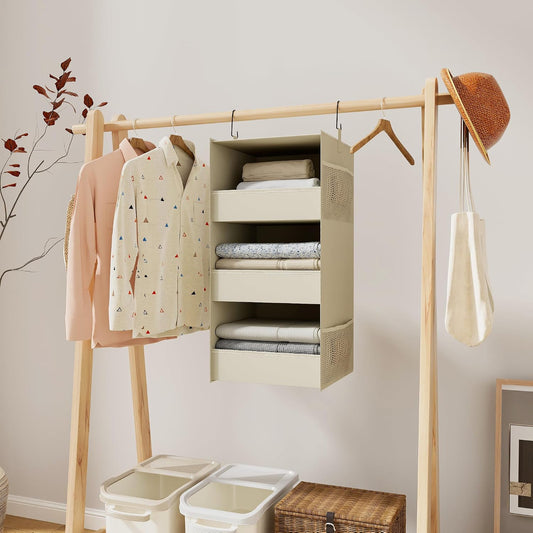 3-Shelf Hanging Closet Organizer, Washable Foldable Storage, Dark Gray | Front lip keeps items secure; side pockets add room; Oxford fabric handles towels, shirts, baby items, dorms, RVs or travel.