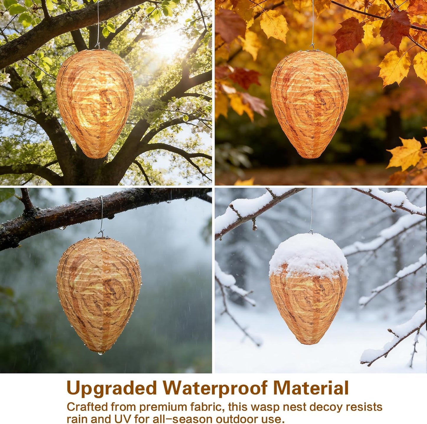 Fake Wasp Nest 4 Pack, Upgraded Waterproof Wasp Nest Decoy Outdoor Hanging, Realistic Artificial Hornet Nests with Stainless Steel Frame for Patio, Porch, Garden, Backyard, Under Eaves