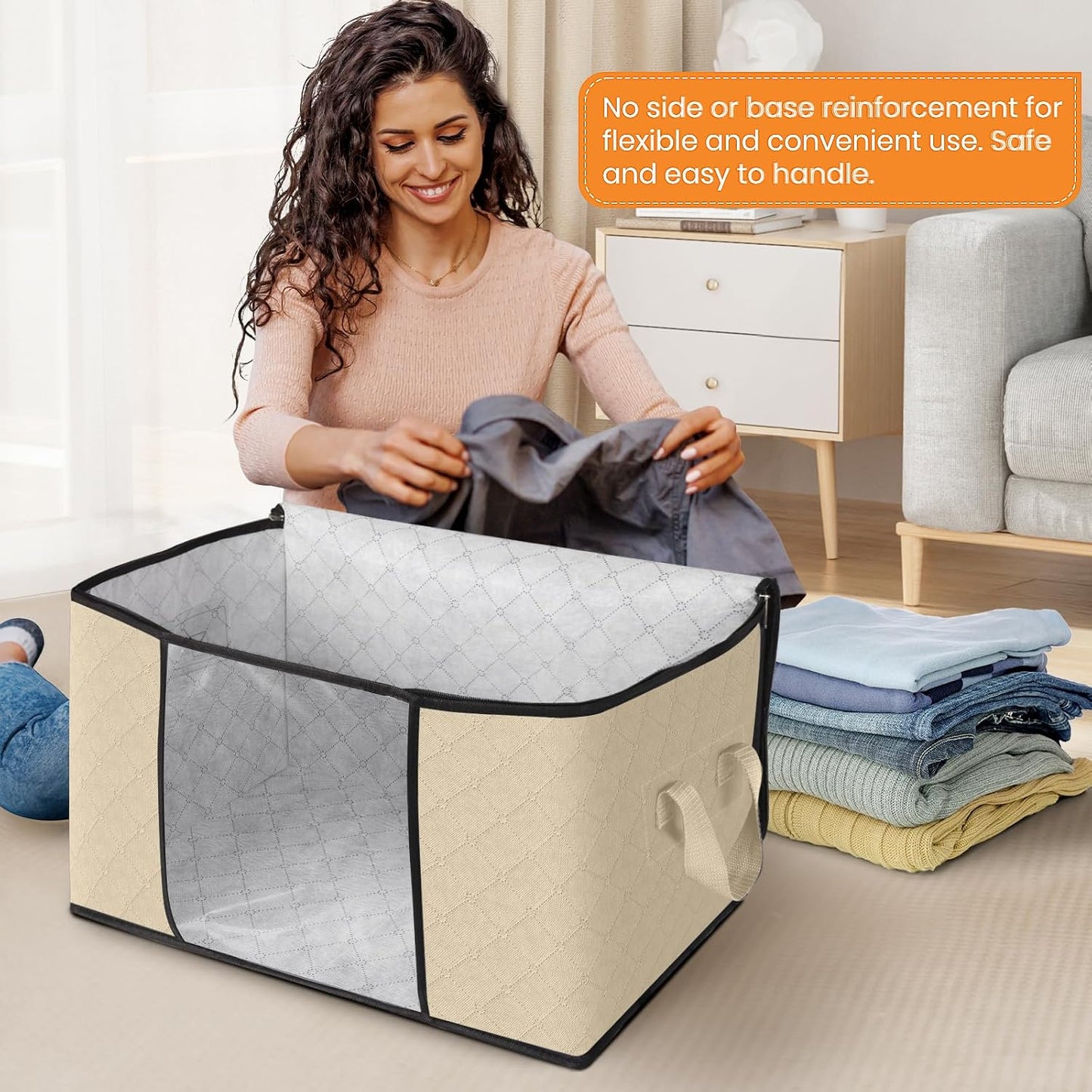 Fab totes 6 Pack Storage Bags for Clothes and Blanket, Foldable Closet Organizers and Storage with Zippers, Clear Window and Handles, Fabric Storage Bins for Sweater, Comforter, Bedding,Linen Sheets