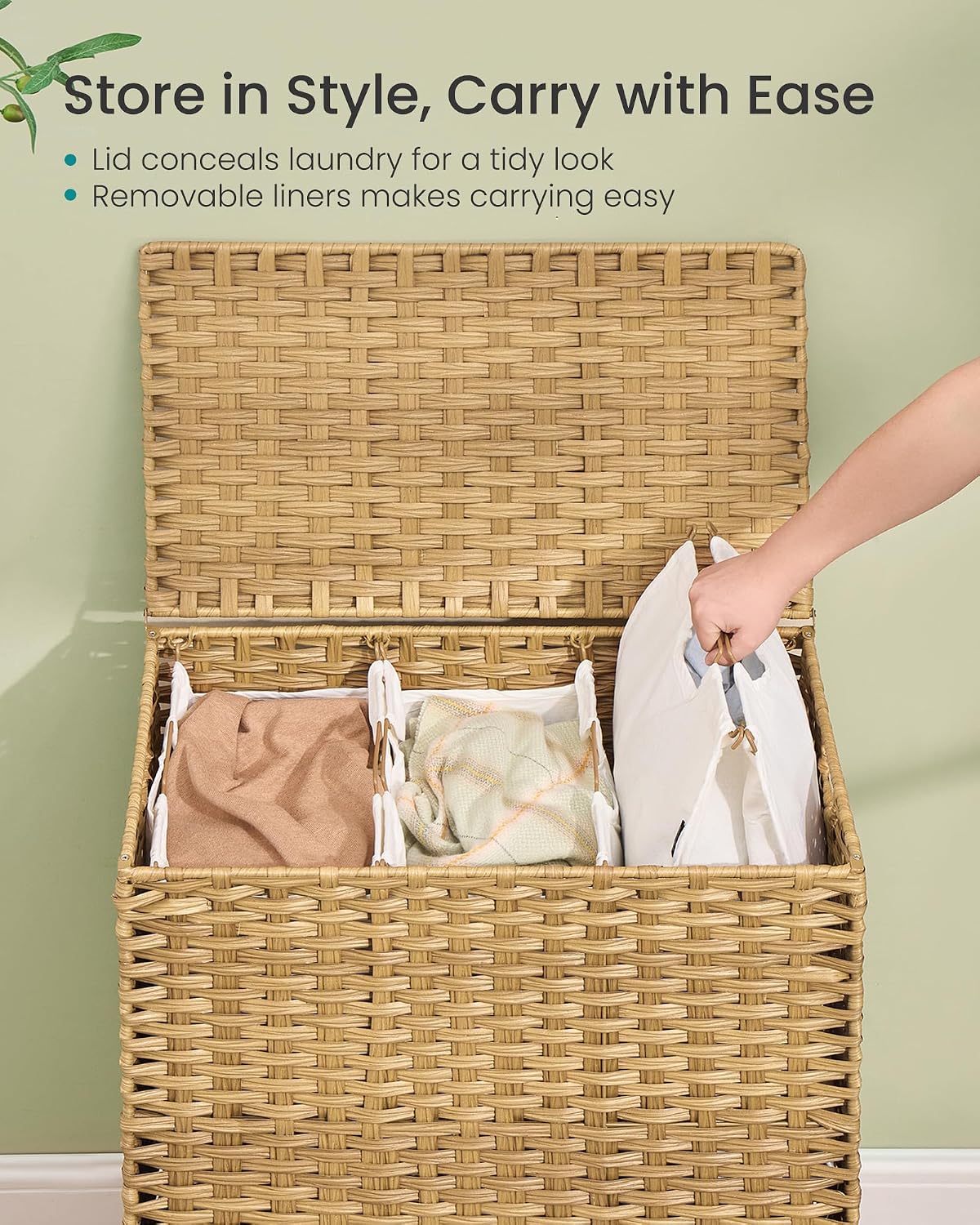 SONGMICS 3-Section Laundry Hamper with Lid, 42.2 Gal (160L) PE Rattan Laundry Basket with Removable Washable Liners, for Bedroom & Living Room, Chestnut Brown ULCB223ME01