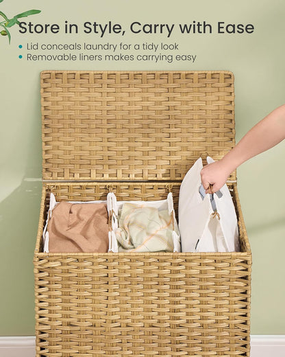 SONGMICS 3-Section Laundry Hamper with Lid, 42.2 Gal (160L) PE Rattan Laundry Basket with Removable Washable Liners, for Bedroom & Living Room, Chestnut Brown ULCB223ME01
