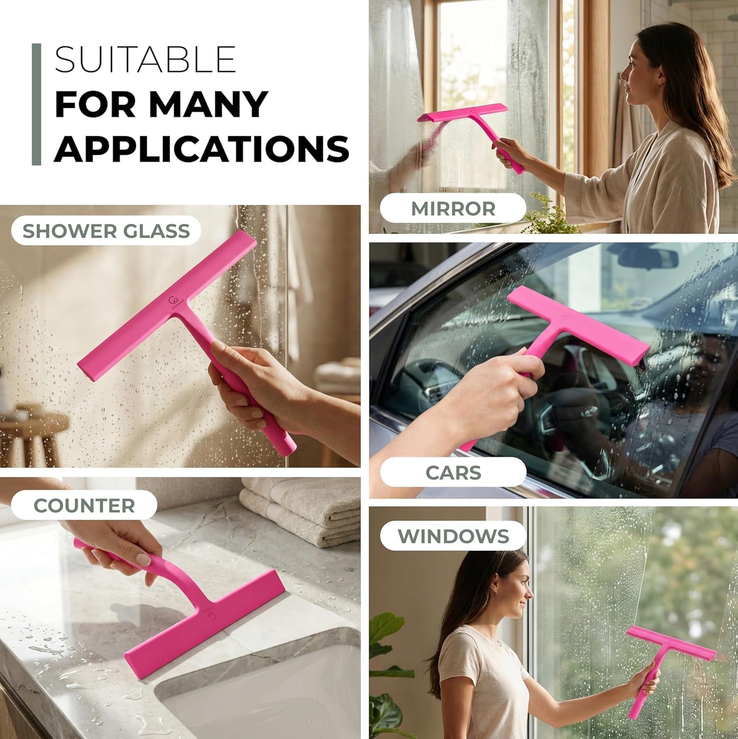 GÜTEWERK Silicone Shower Squeegee for Glass Doors & Mirrors with Stainless Steel Core, Streak-Free & No-Squeak Window Cleaning, 3-in-1 No-Drill Mount (Hook/Suction/Adhesive),White, 9 Inches