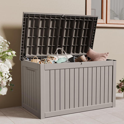 100 Gallon Storage Box, Waterproof Resin Deck Box with Hydraulic Piston Design, Lockable Storage Bench for Package Delivery, Storage Bin for Patio Cushions, Garden Tools, Black