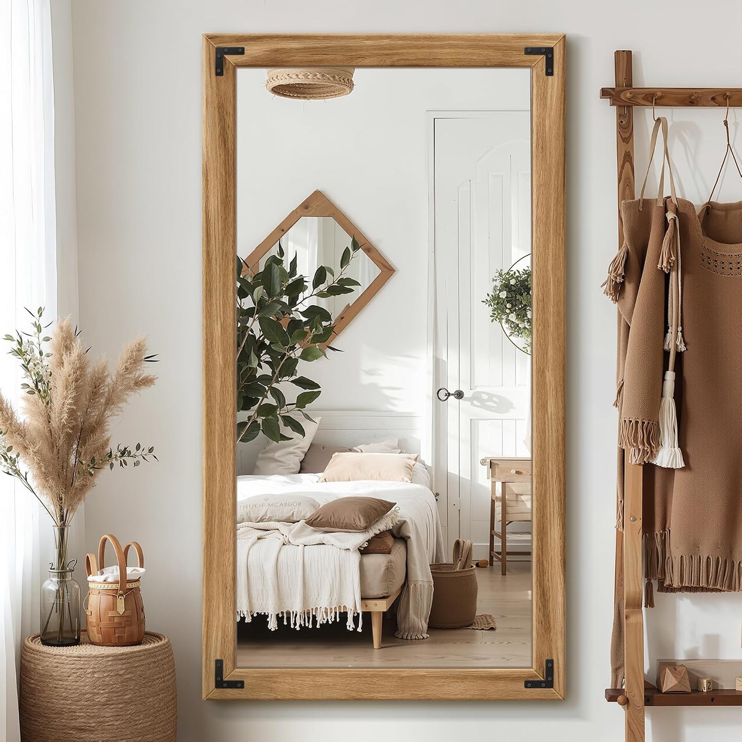 TRAHOME Full Length Mirror with Wooden Frame, 56"X22" Solid Wood Standing Floor Mirror for Farmhouse, Bathroom, Bedroom Decor, Hanging or Leaning Wall-Mounted