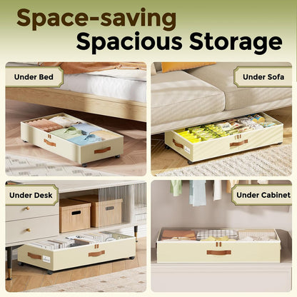 LAMU Under Bed Storage with Wheels, 2 Pack Under Bed Storage Containers with Clear Lids & Label, Rolling Under Bed Drawers for Clothes, Shoes, Blankets, Black