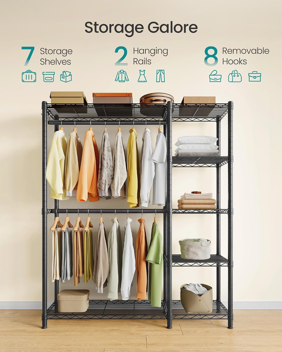 SONGMICS Heavy-Duty Clothes Rack, Garment Rack, Portable Closet, 68.7-Inch Wide Clothing Rack with Adjustable Mesh Shelves and Hanging Rails, Ink Black ULGR433B01