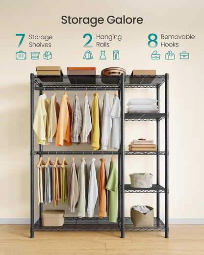 SONGMICS Heavy-Duty Clothes Rack, Garment Rack, Portable Closet, 68.7-Inch Wide Clothing Rack with Adjustable Mesh Shelves and Hanging Rails, Ink Black ULGR433B01