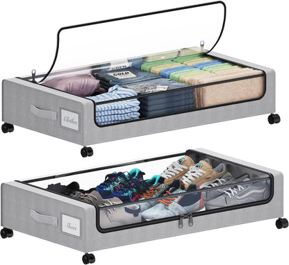 Tututry Under Bed Storage with Wheels, XXL 60L Under the Bed Storage Bins, Underbed Storage Containers with Lids & Label, Rolling Metal Drawer for Shoes, Clothes, Books, Toys (2-Pack Gray)