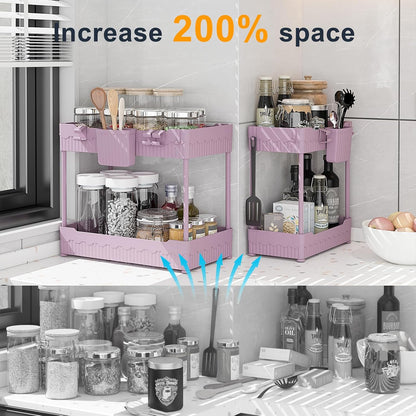 Sevenblue 2 Pack Under Sink Organizer, Under Bathroom Cabinet Organizer with Hooks Hanging Cup, Multi-Purpose Storage Shelf for Kitchen Bathroom, Black