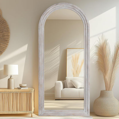 MELOMOIR Arched Full Length Mirror with Solid Wood Frame, 56"x21" Rustic Farmhouse Floor Mirror with Stand, Free Standing Leaning Hanging, for Bedroom Living Room Dressing Room Entryway, Brown