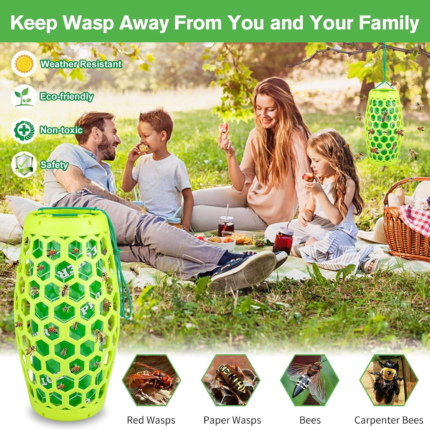 Wasp Trap Bee Catcher - Outdoor Hanging Carpenter Bee Traps with 4 Sticky Boards, Non-Toxic Reusable Hornet & Yellow Jacket Trap, 2 Pack (Orange)