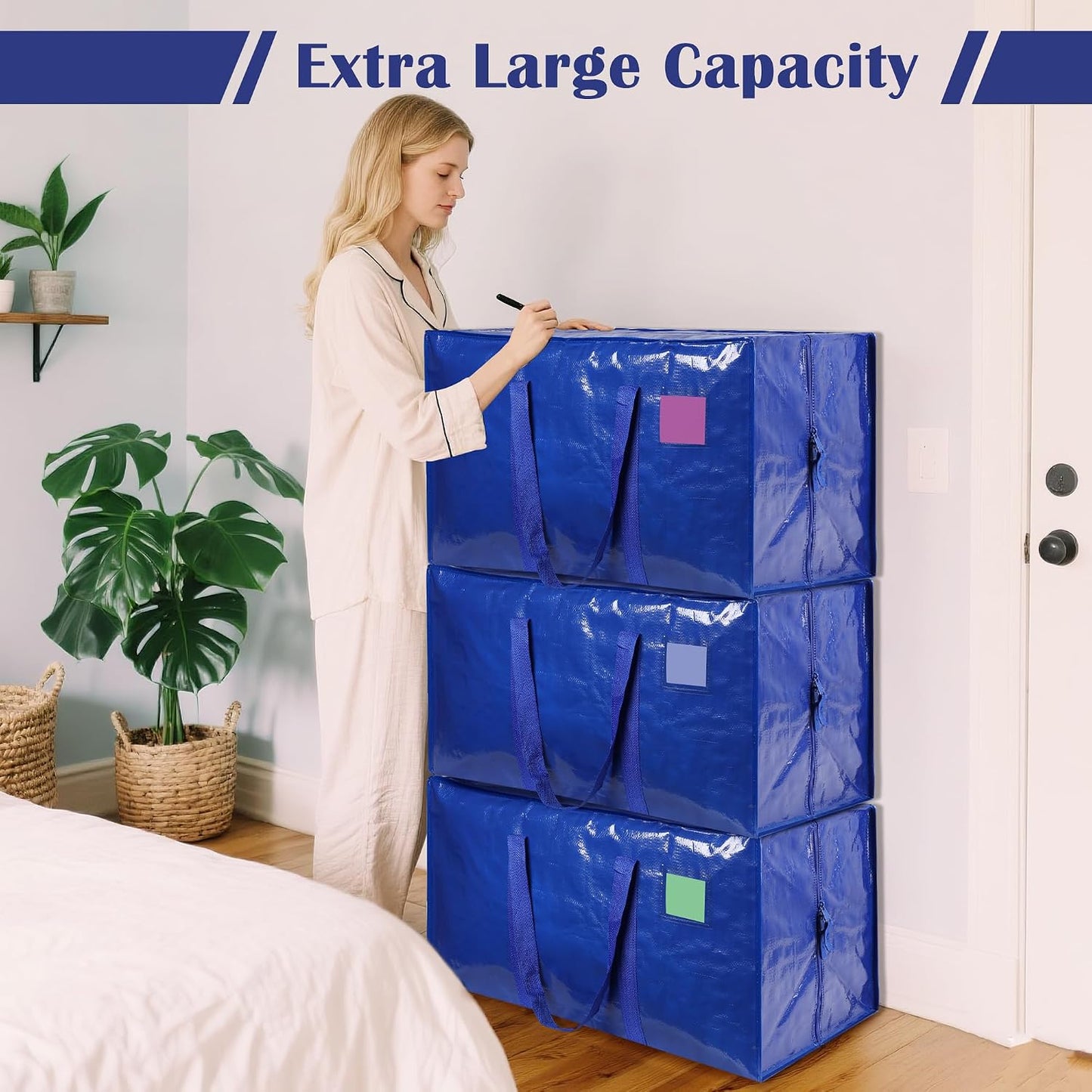 6 Pack Moving Bags Heavy Duty 210GSM with Full-Open Side Zipper, 93L 220lbs Waterproof Foldable Storage Totes for College Dorm Move-In, Moving Boxes Alternative & Home Organization, Blue