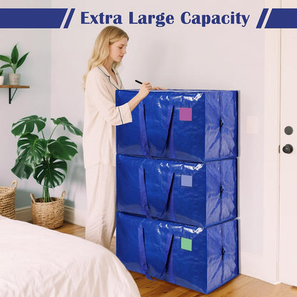 6 Pack Moving Bags Heavy Duty 210GSM with Full-Open Side Zipper, 93L 220lbs Waterproof Foldable Storage Totes for College Dorm Move-In, Moving Boxes Alternative & Home Organization, Blue