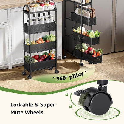 KINGRACK Slim Storage Cart with Drawer, 5-Tier Rolling Utility Cart on Wheels, Narrow Metal Cart for Space Save, Easy Assembly for Kitchen Cart, Craft Cart, Laundry, Bathroom, Nursery Organizer