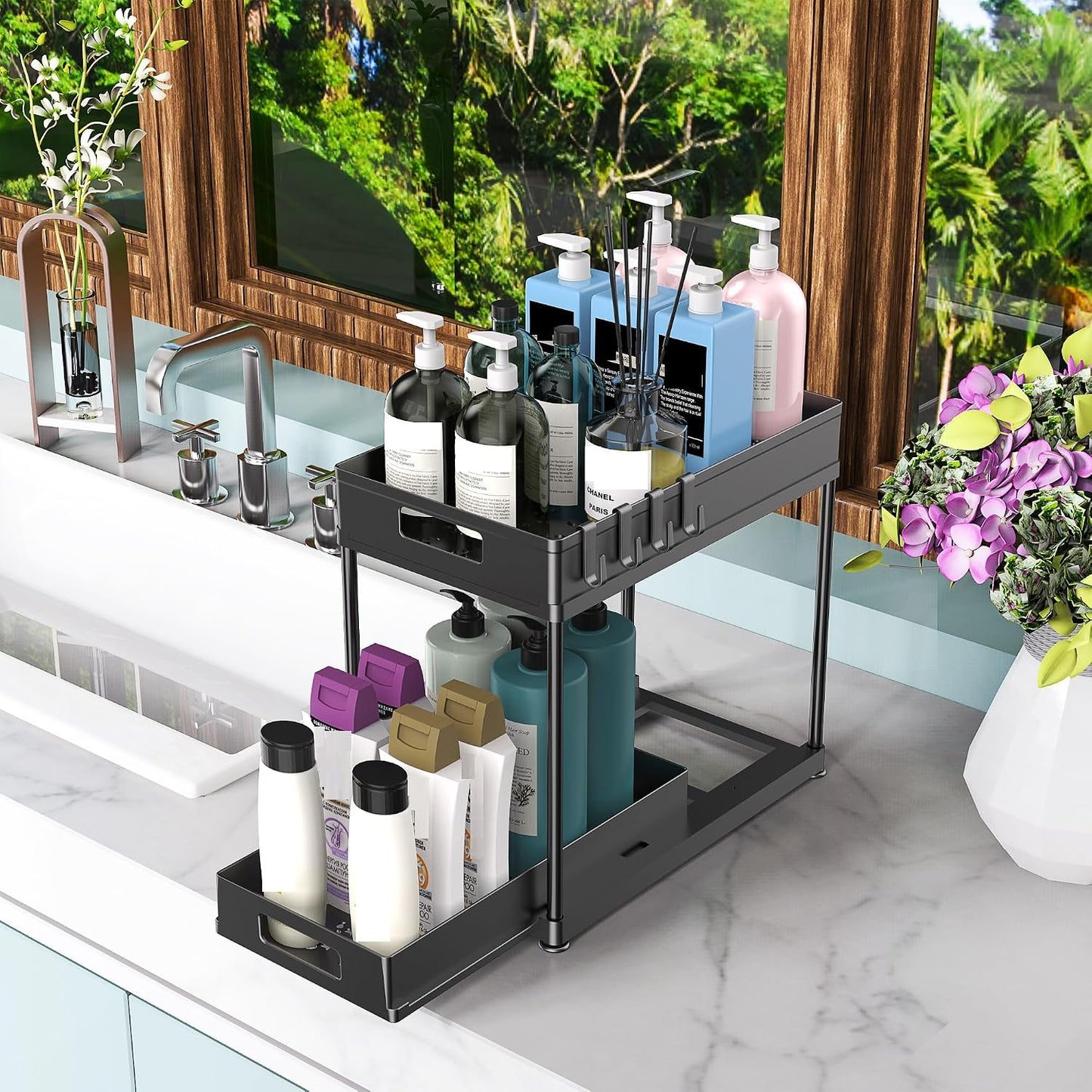 2 Pack Under Sink Organizer with Pull-Out Drawer, Black | 2-Tier Cabinet Storage, Kitchen & Bathroom, Tool-Free Assembly, Fits Cleaning Supplies & Toiletries, Space Saving