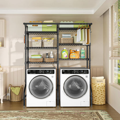 Ulif U13 Medium Over Washer and Dryer Storage Shelves, 6 Tiers Laundry Room Standing Shelf with 2 Hanger Rods, Space Saver Clothes Drying Rack, 57.8" W x 22" D x 77.4" H, Black