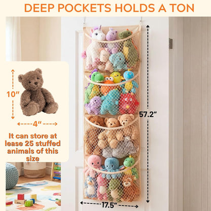 Ofiray-home Cotton Over The Door Stuffed Animal Storage | Toy Organizer for Storage Plush Toys, Stuffed Animal Holder with 4 Large Pockets, Hanging Door Organizer for Nursery