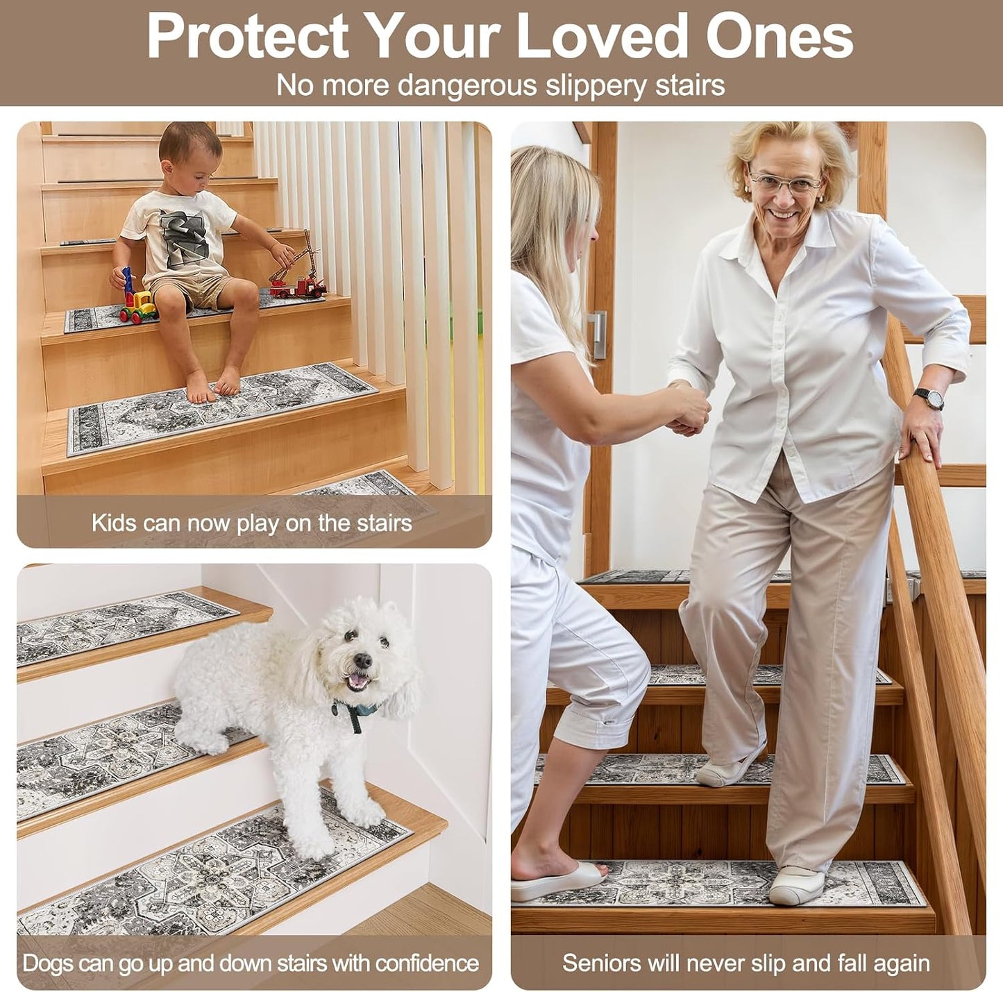 OJIA Stair Treads Non Slip for Wooden Steps Indoor 15PCS Carpet Stair Treads, Rubber Backing Stair Carpet Treads, Residue Free 8"x30" Staircase Step Treads Edging Stair Rugs for Kids & Pets, Gray