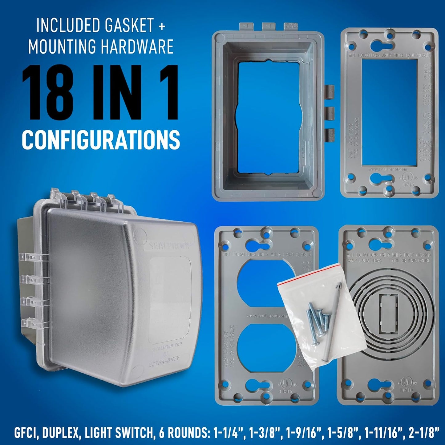 Sealproof 1-Gang Extra Deep Weatherproof in Use Outdoor Duplex Outlet Cover with Box Kit, Lockable, UL Extra Duty Compliant, 18 Configurations