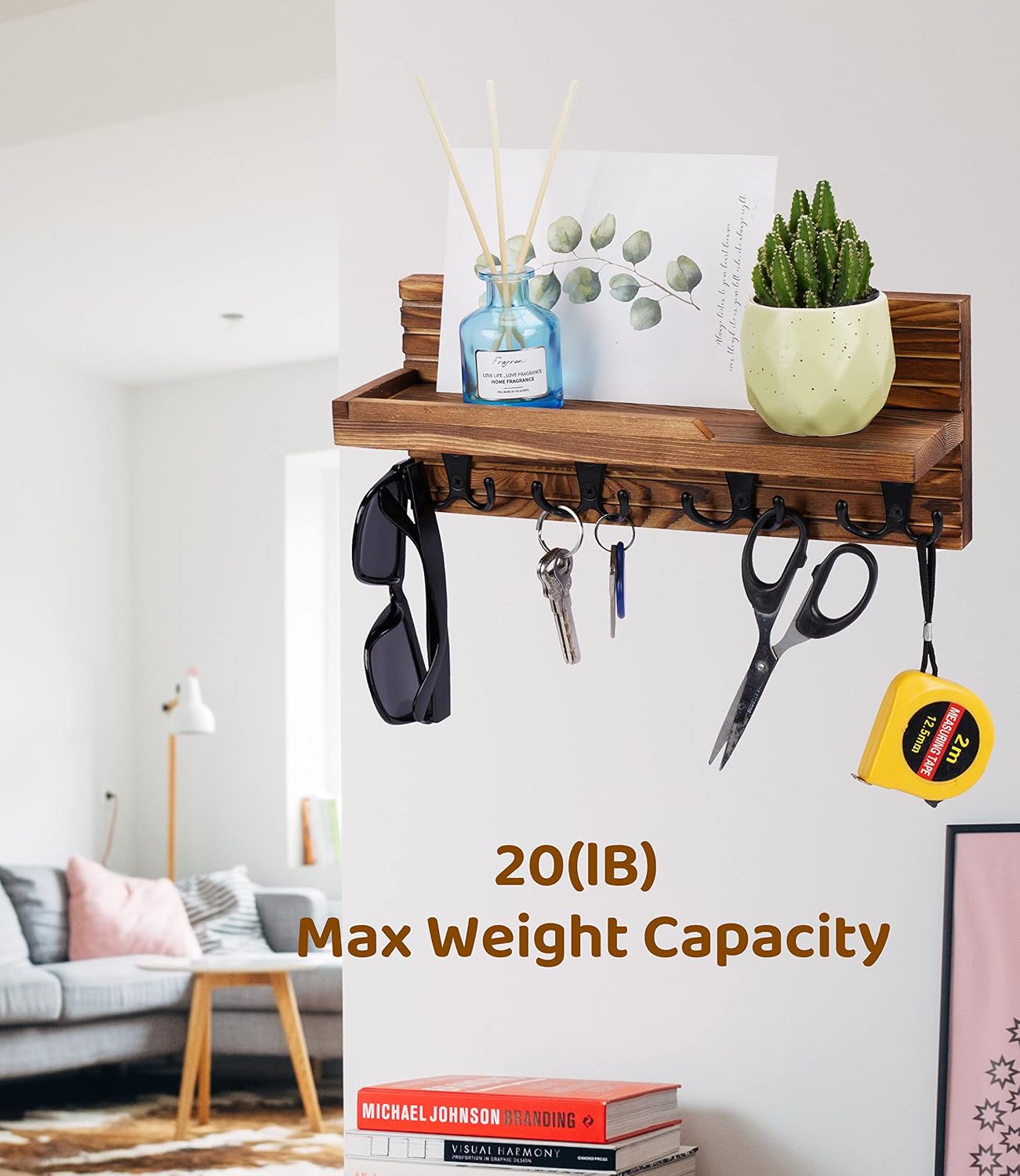 Decorative Key Hanging Rack with 4 Double Hooks – Easy Install Natural Wooden Key and Mail Holder for Wall Mount – Entryway Decor Rack with Shelf (Carbon Black)