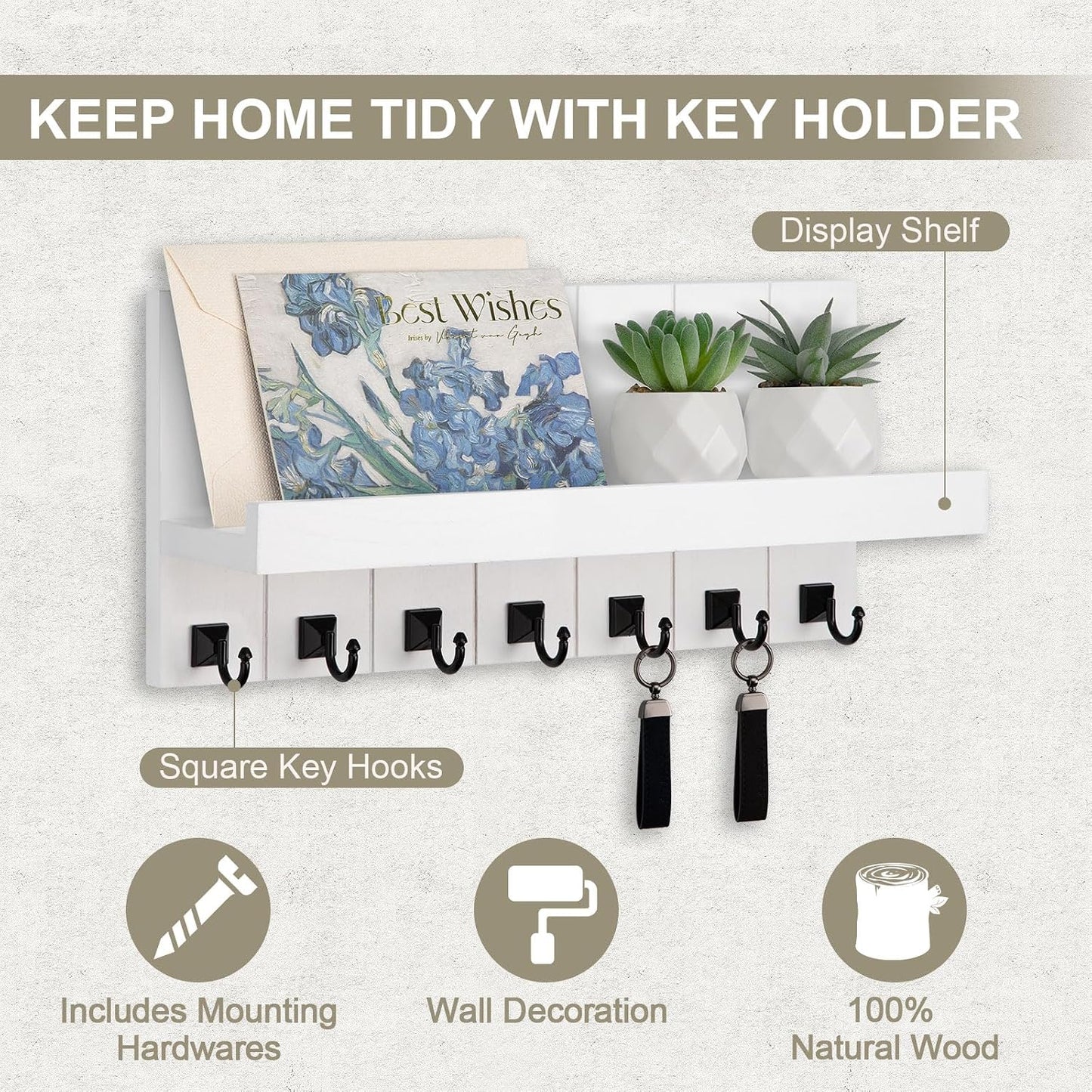 Key Holder for Wall, Decorative Key Holder with Shelf, Key and Mail Holder Wall Mount, Farmhouse Decor with 5 Key Hooks for Keys, Coats, ect.