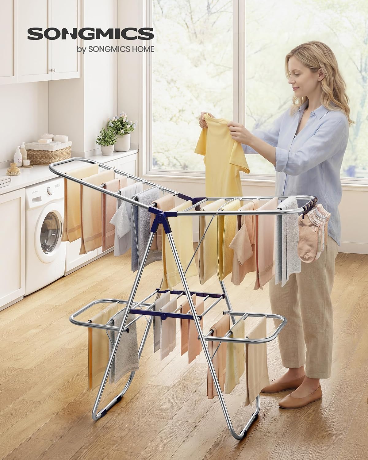 SONGMICS Clothes Drying Rack, Foldable Laundry Drying Rack, Blue | Sock Clips, Metal Clothes Airer with Height-Adjustable Gullwings, Space-Saving, Indoor Outdoor, ULLR505EQ01