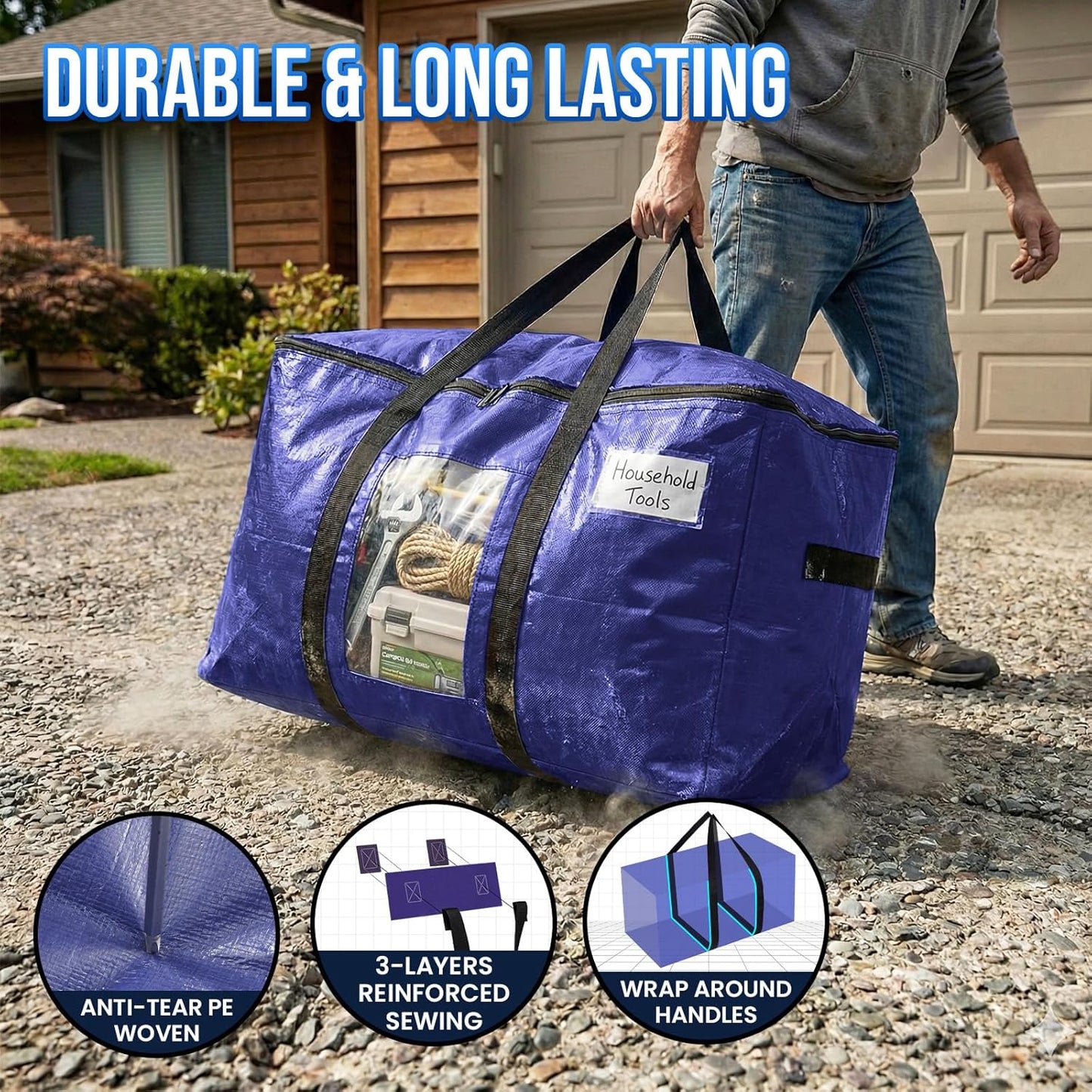 TAILI Extra Large Moving Bags, 4 Pack Blue Heavy Duty Totes For Storage with Visible Window, Wrap Around Handles, Storage Bags for Space Saving, Alternative to Moving Boxes