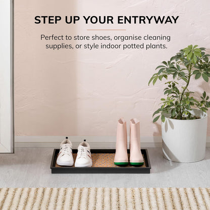 Anji Mountain Heavy Duty Waterproof Rubber Shoe Storage Mat Organizer/Boot Storage Tray Multi Use for Entryway with Coir, Tan Insert, Fits 4 Pair (46.5" Wide)