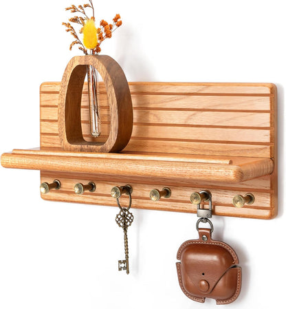 Rebee Vision Farmhouse Key Holder Wall Mount for Home Decor – Decorative Pine Wooden Key Holder for Wall with 6 Hooks & Floating Shelf - Rustic Charm for Room Decor Aesthetic (Brown)