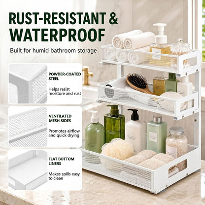 3 Tier Under Sink Organizer,2 Pack Pull Out Cabinet Shelves with Adjustable Height,Heavy Duty Carbon Steel L-Shaped Storage for Kitchen Bathroom Sink,Pantry & Laundry,White